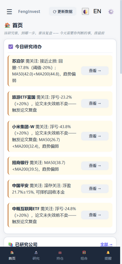 FengInvest 移動端首頁：今日研究待辦列出各標的需關注的原因與查看入口